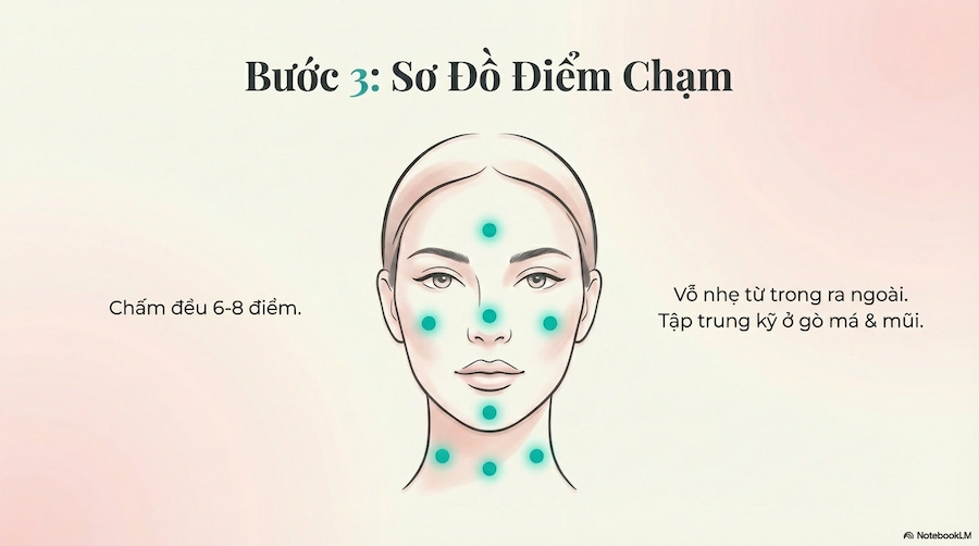 Bước 3: Chấm đều khắp mặt rồi vỗ nhẹ — không xoa tròn